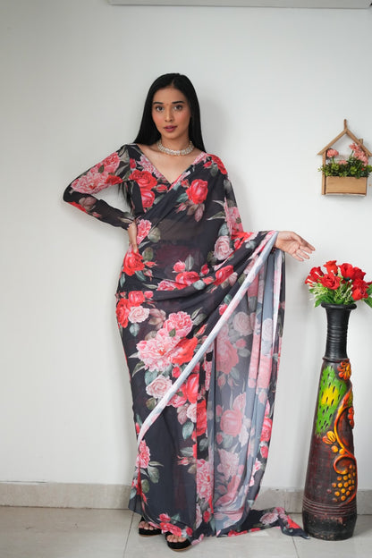 Black With Pink Color Flower Georgette Saree: One Minute Draping Magic for Today’s Fashion-Forward Women