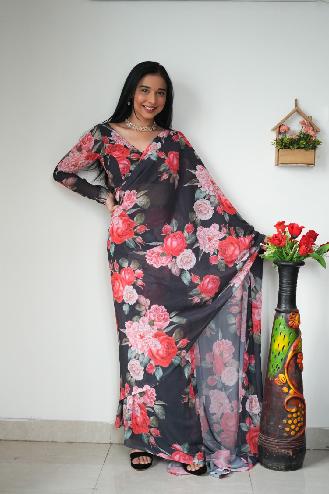 Black With Pink Color Flower Georgette Saree: One Minute Draping Magic for Today’s Fashion-Forward Women