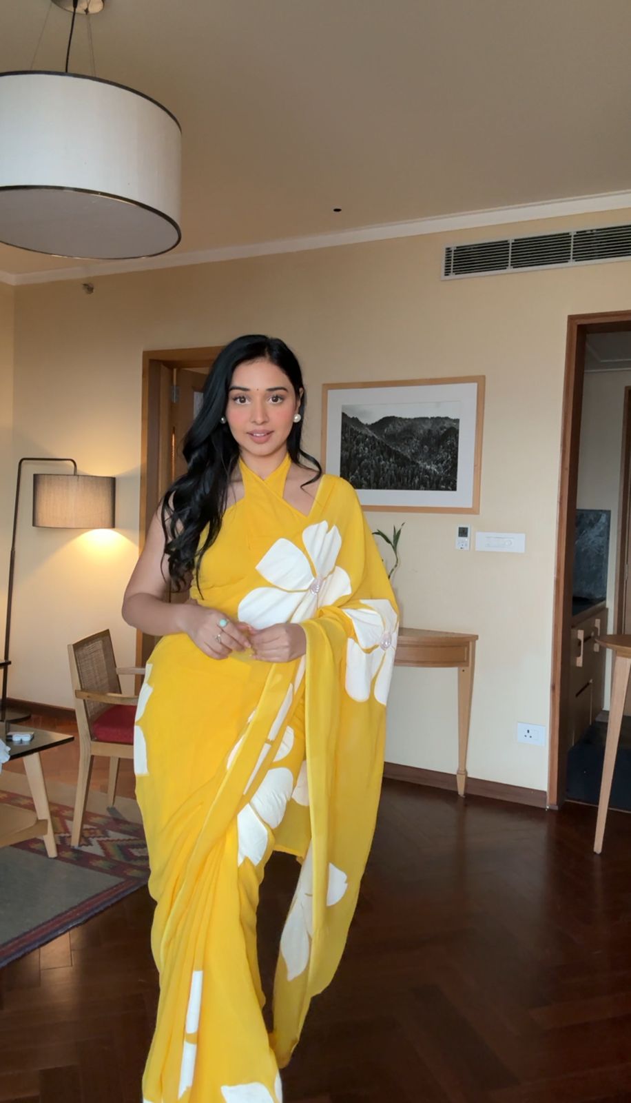 Dashing Look in One Minute: Printed Yellow Georgette Saree for Effortless Beauty