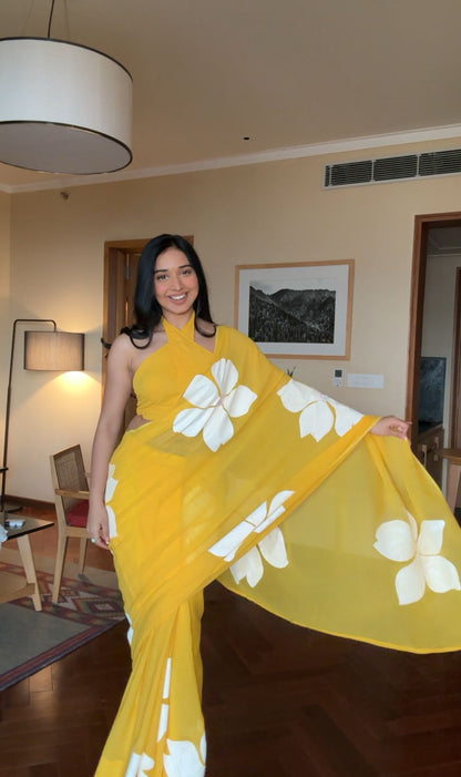 Dashing Look in One Minute: Printed Yellow Georgette Saree for Effortless Beauty