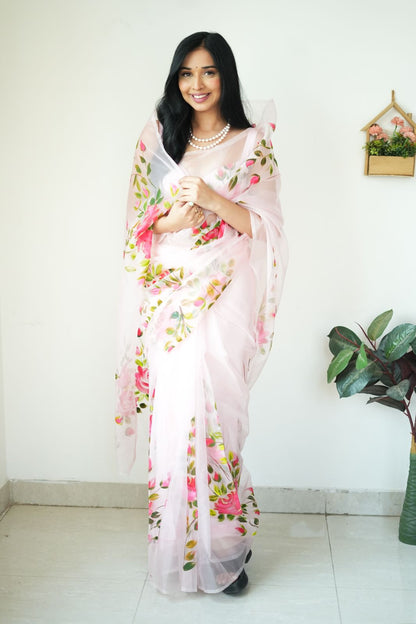 Instant-Ready White Color Organza Saree – Perfect Blend of Ease and Elegance.