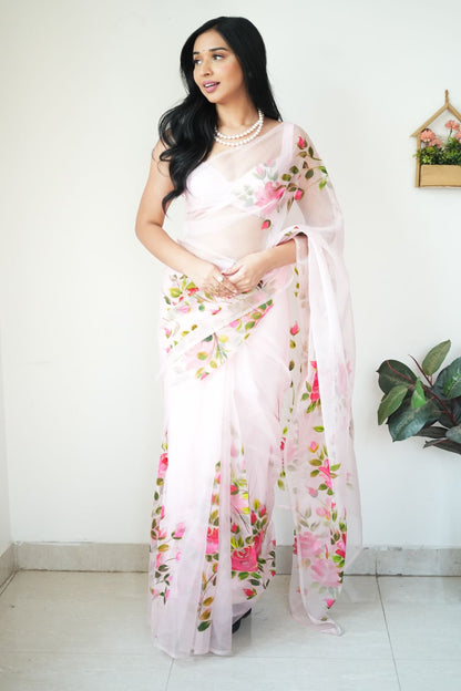 Instant-Ready White Color Organza Saree – Perfect Blend of Ease and Elegance.