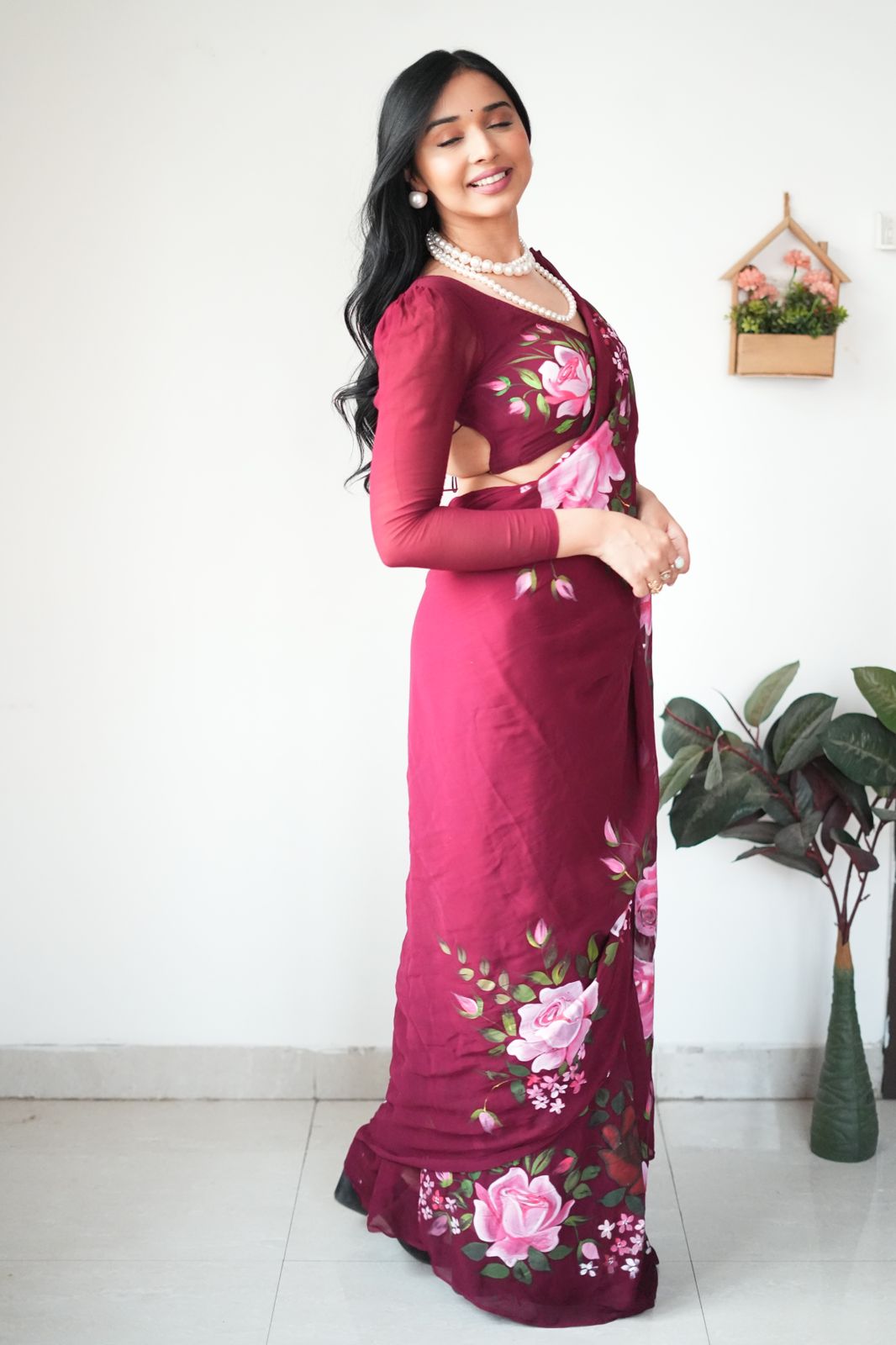 Gorgeous Wine Color Saree in Georgette – Quick and Effortless One-Minute Draping!