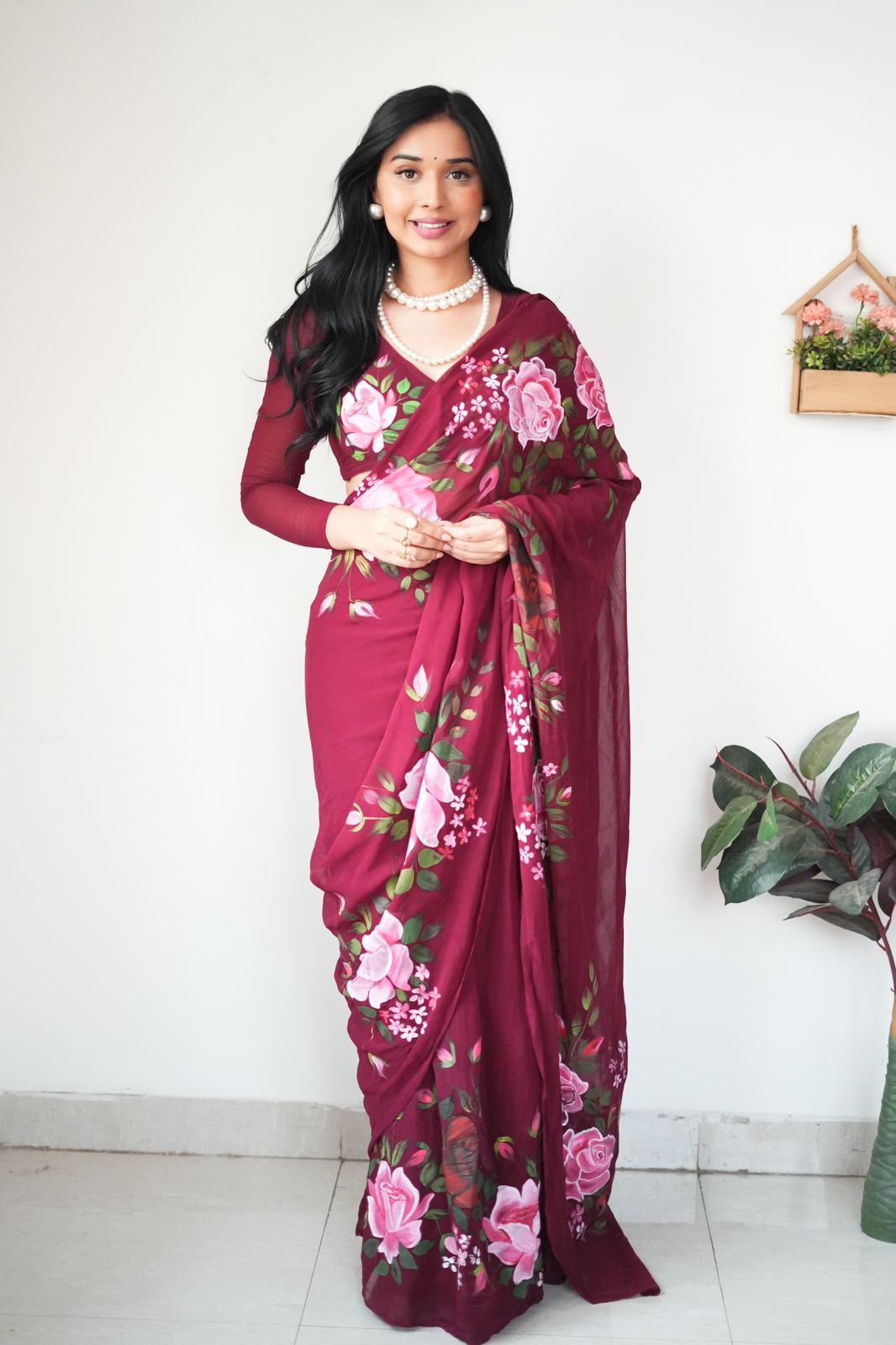 Gorgeous Wine Color Saree in Georgette – Quick and Effortless One-Minute Draping!