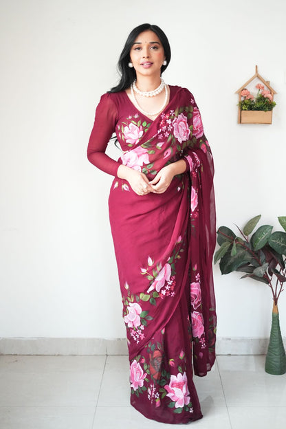 Gorgeous Wine Color Saree in Georgette – Quick and Effortless One-Minute Draping!