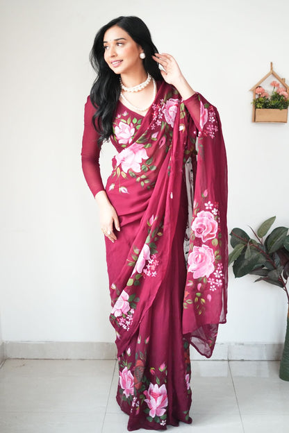 Gorgeous Wine Color Saree in Georgette – Quick and Effortless One-Minute Draping!