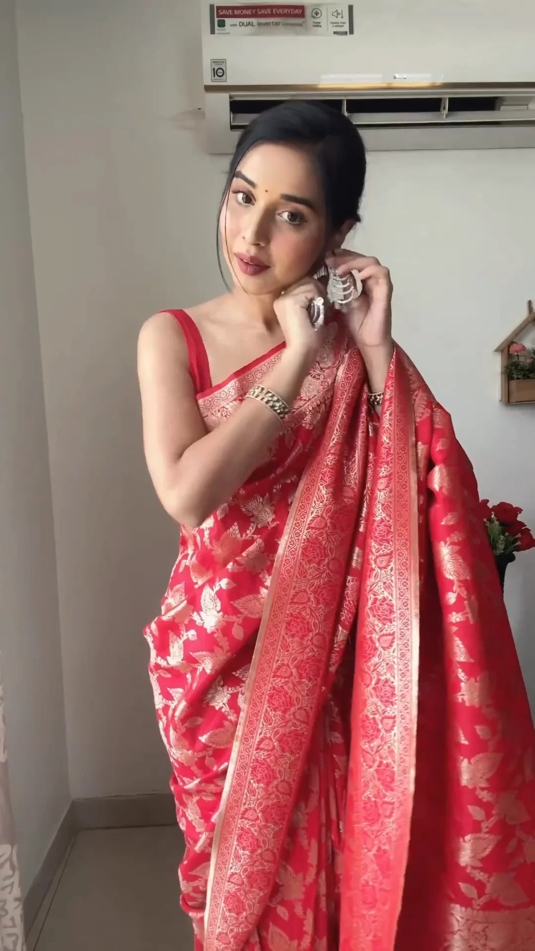 Redefine Grace: One-Minute Wear Red Color Georgette Saree for Effortless Chic.