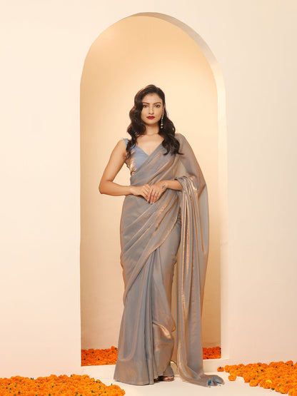 Exquisite Steel Grey Color Designer Silk Saree with Ready-to-Wear Stitched Blouse – Perfect for Every Occasion