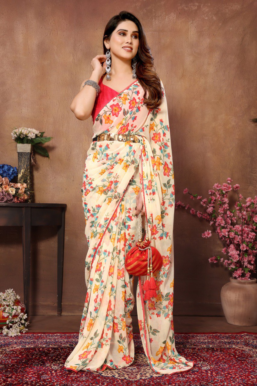 Trendy Peach Color One-Minute Wear Georgette Saree for All Occasions