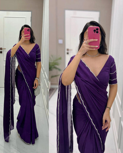 Chic One-Minute Purple Color Georgette Saree for Modern Fashionistas on the Go