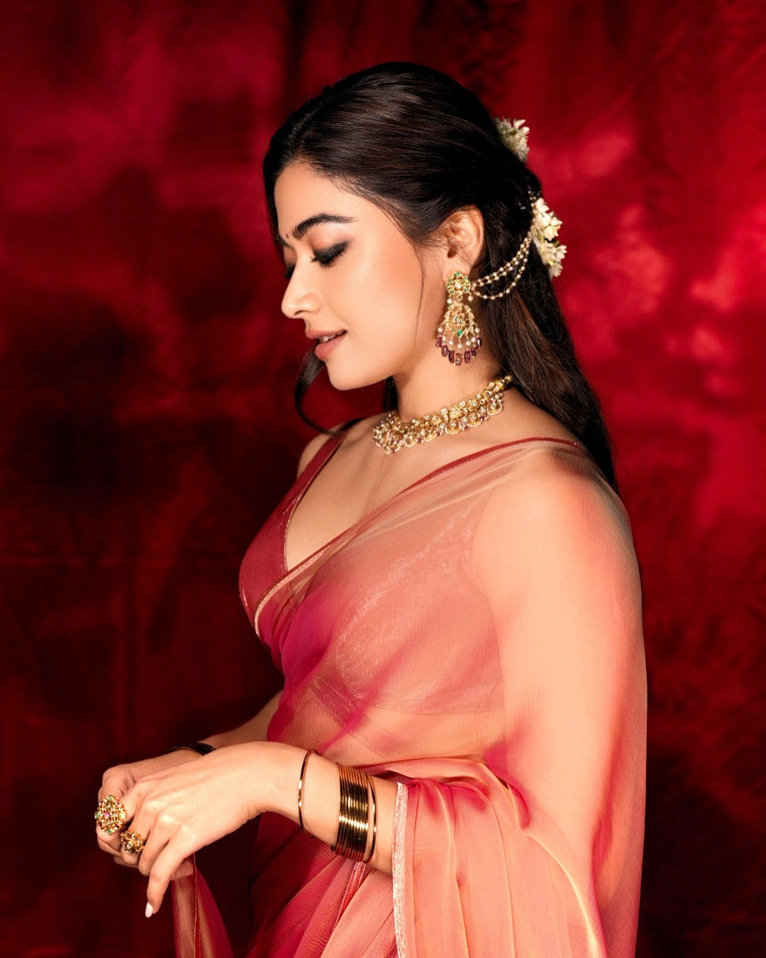 Absolute Beauty Peach Silk Saree | Inspired by Pushpa 2 Rashmika Mandanna Style