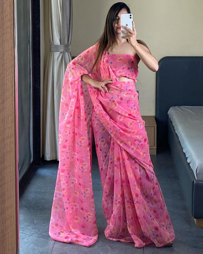 Trending  Pink Color Georgette Saree: Elegant, Easy-to-Wear Design in Just One Minute