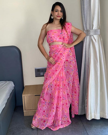 Trending  Pink Color Georgette Saree: Elegant, Easy-to-Wear Design in Just One Minute