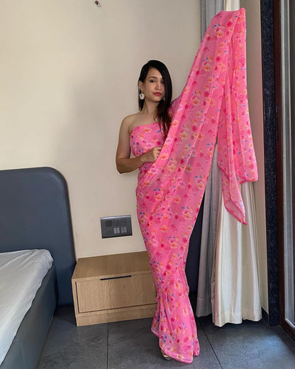 Trending  Pink Color Georgette Saree: Elegant, Easy-to-Wear Design in Just One Minute