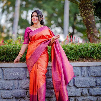 Elegant Red Kanjivaram Soft Silk Saree with Gorgeous Matching Border