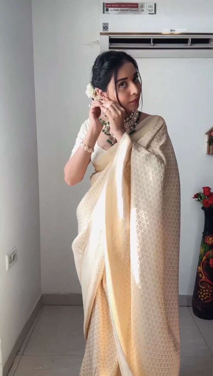 Royal Charm: Ready-to-Wear Cream Banarasi Silk Saree for Instant Grace and Style