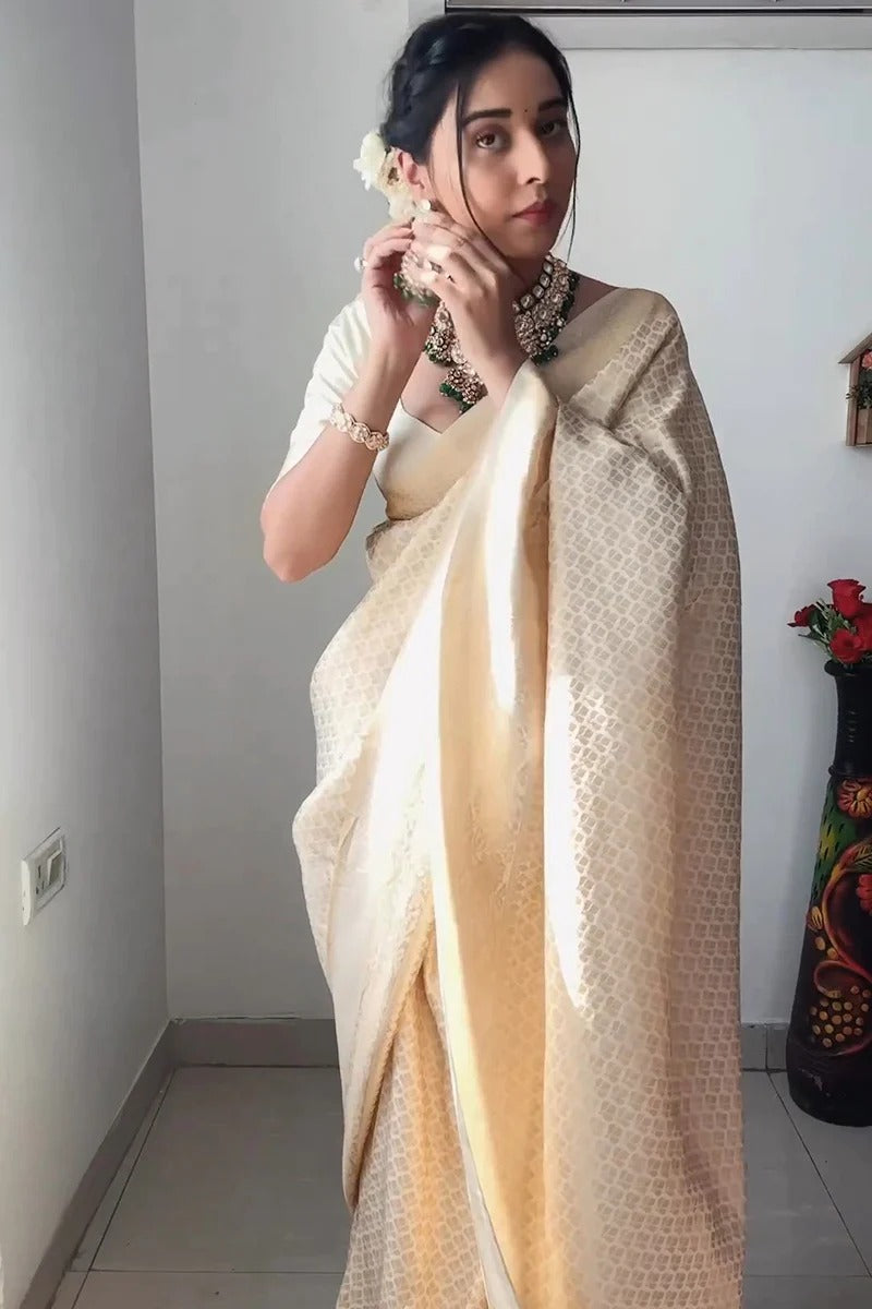 Classic Off White Kanjivaram Saree in Silk - Effortlessly Ready for You