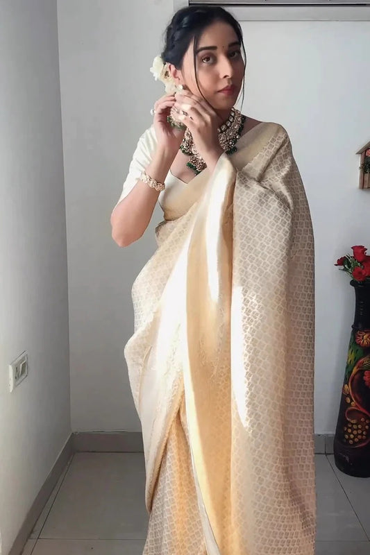 Classic Off White Kanjivaram Saree in Silk - Effortlessly Ready for You