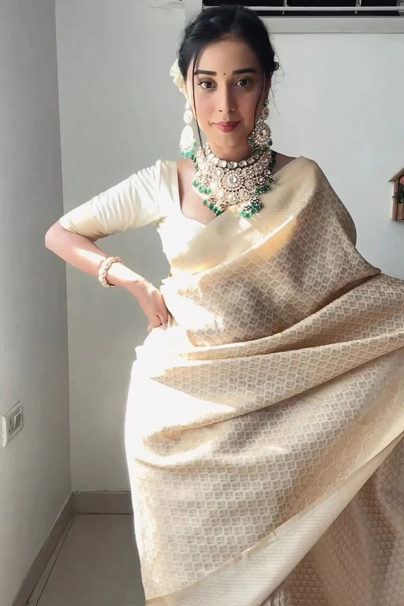 Royal Charm: Ready-to-Wear Cream Banarasi Silk Saree for Instant Grace and Style