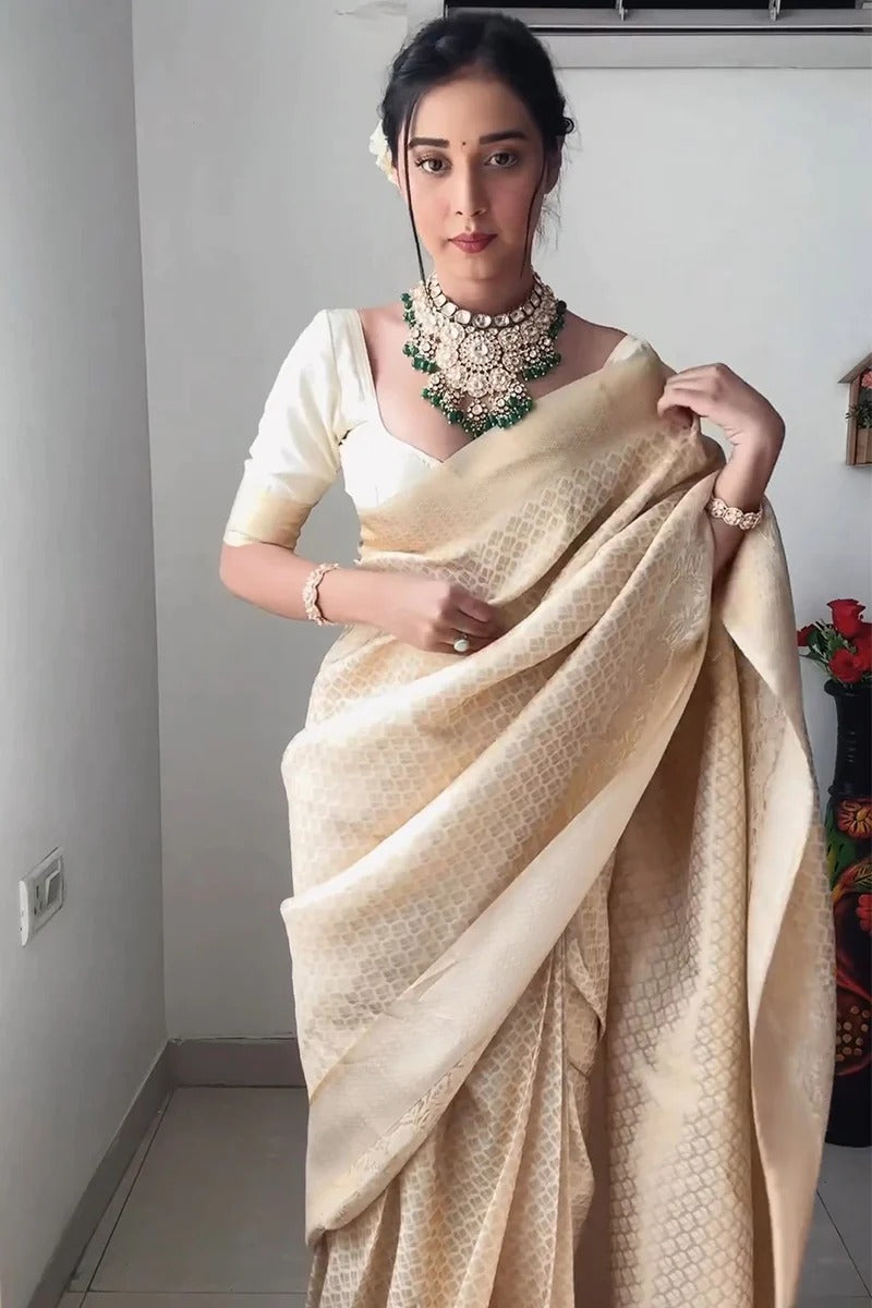 Royal Charm: Ready-to-Wear Cream Banarasi Silk Saree for Instant Grace and Style