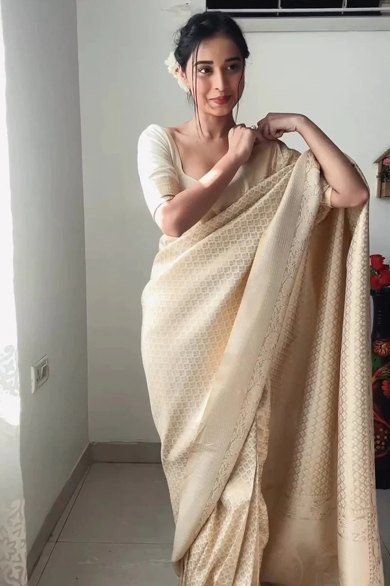 Royal Charm: Ready-to-Wear Cream Banarasi Silk Saree for Instant Grace and Style