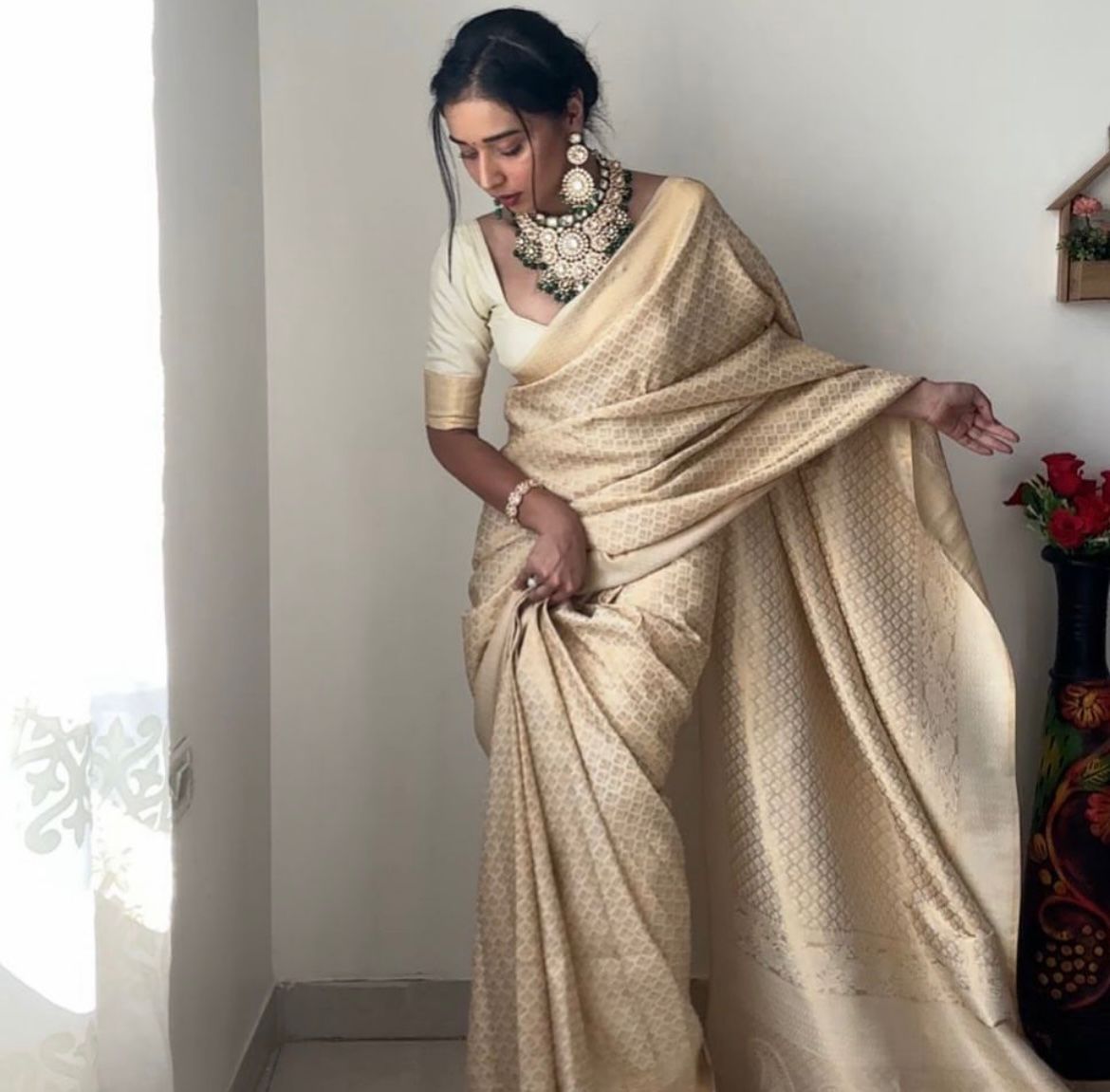 Royal Charm: Ready-to-Wear Cream Banarasi Silk Saree for Instant Grace and Style