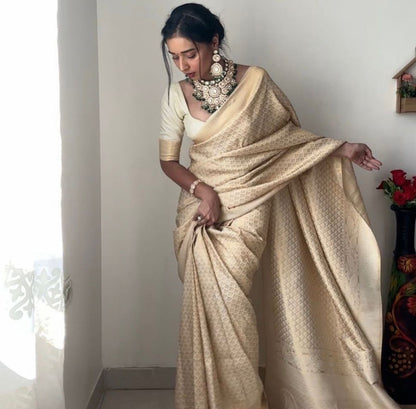 Royal Charm: Ready-to-Wear Cream Banarasi Silk Saree for Instant Grace and Style