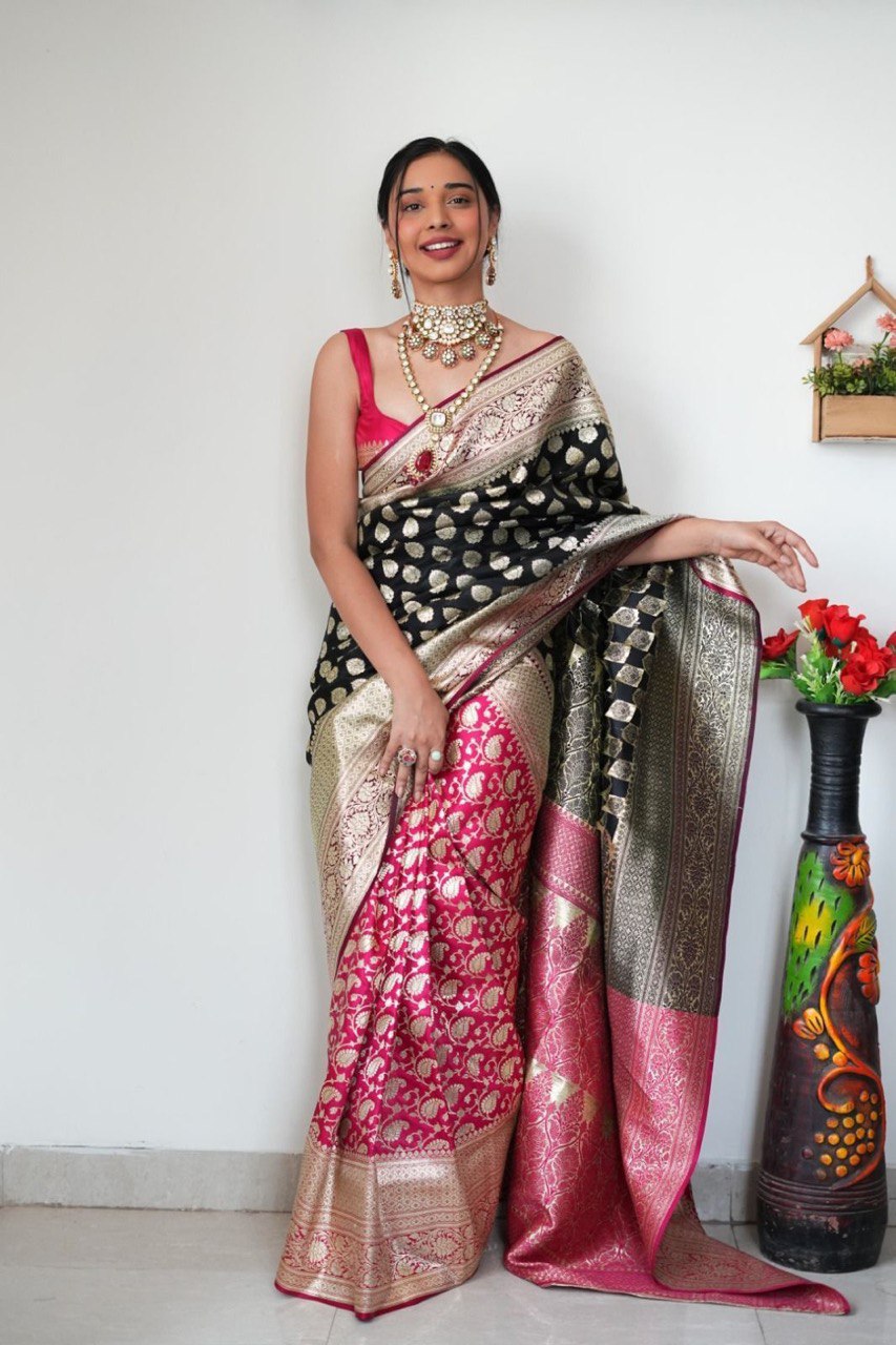 Glide into Elegance: One-Minute Banarasi Jacquard Saree for Modern Women!