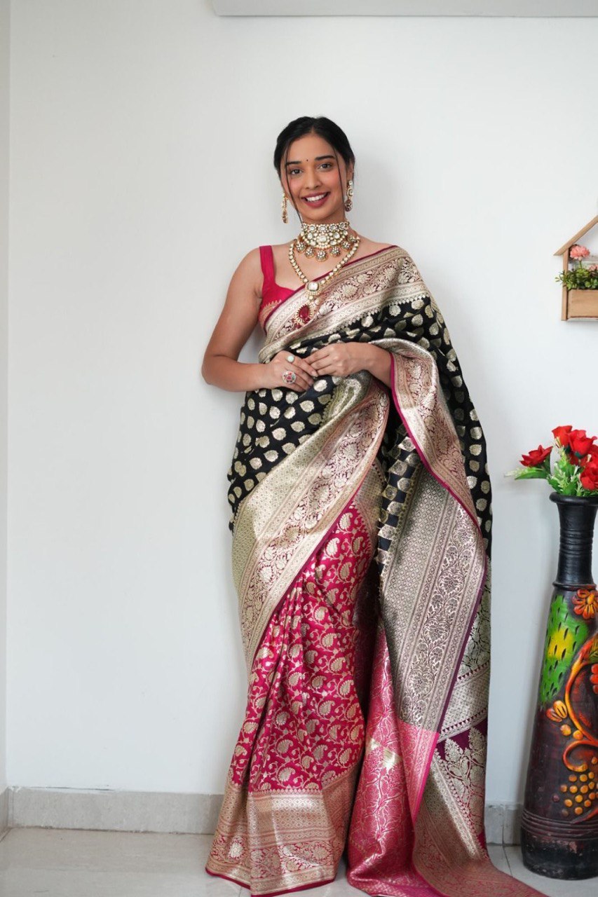 Glide into Elegance: One-Minute Banarasi Jacquard Saree for Modern Women!