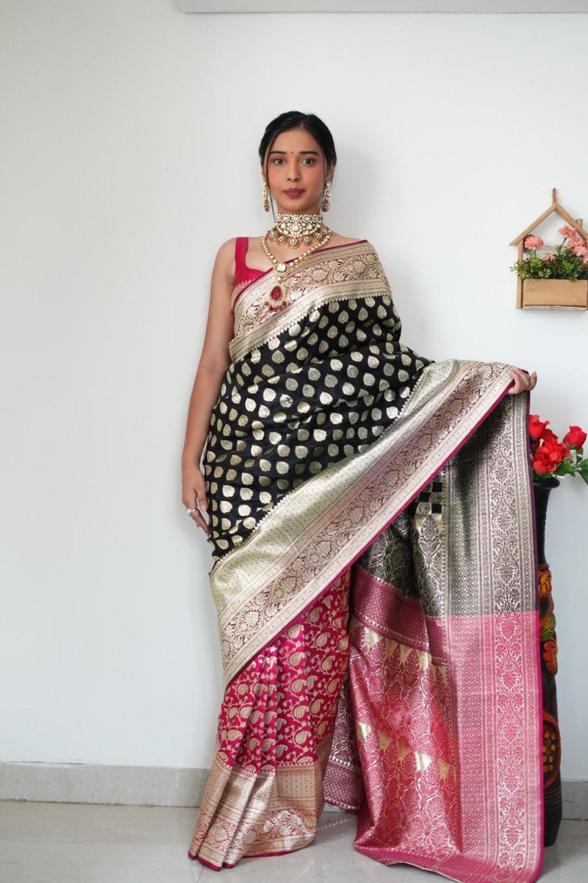 Glide into Elegance: One-Minute Banarasi Jacquard Saree for Modern Women!