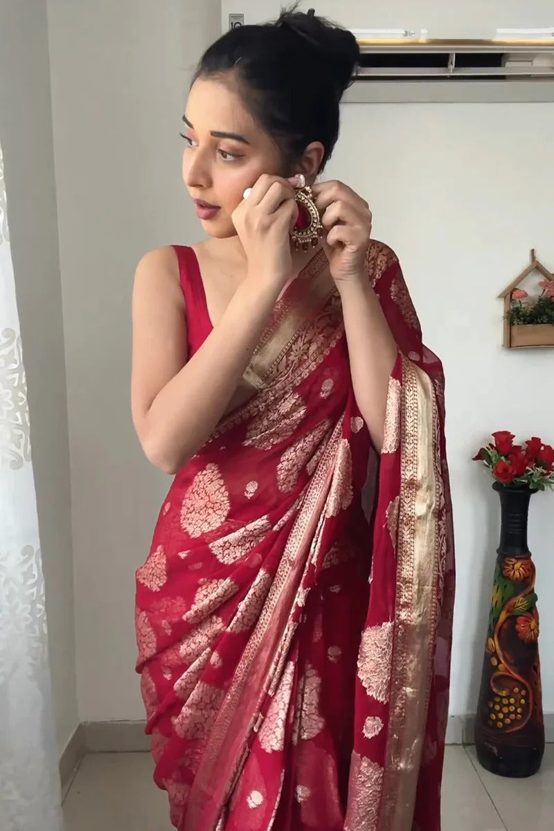 Fashionable Red Georgette Saree: Pre-Stitched and Ready for Instant Glam