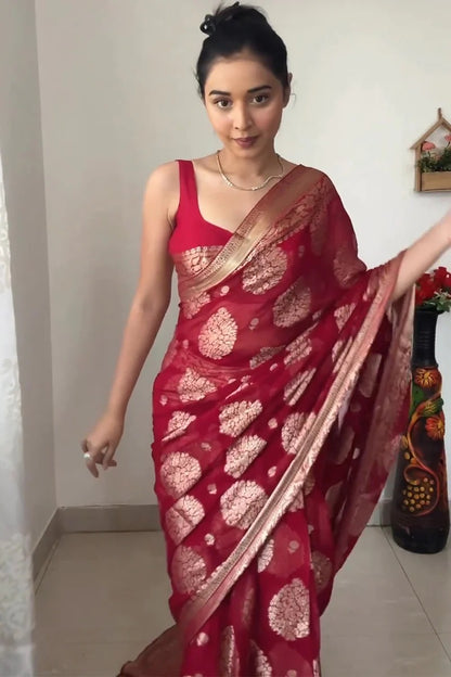 Fashionable Red Georgette Saree: Pre-Stitched and Ready for Instant Glam