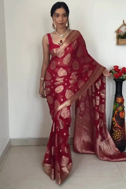 Fashionable Red Georgette Saree: Pre-Stitched and Ready for Instant Glam