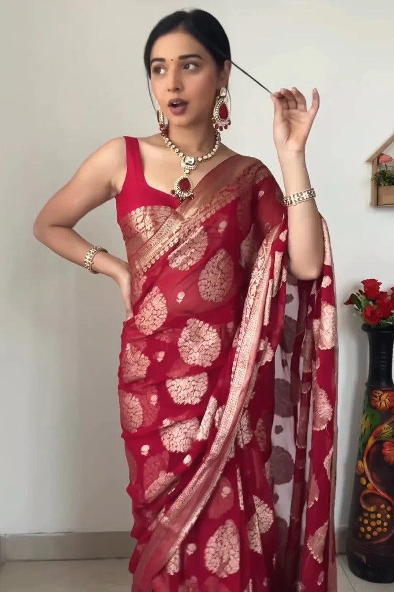 Fashionable Red Georgette Saree: Pre-Stitched and Ready for Instant Glam