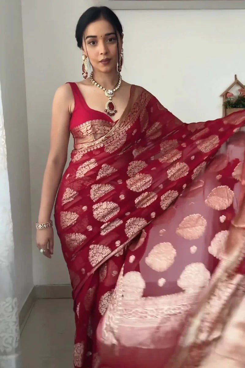 Fashionable Red Georgette Saree: Pre-Stitched and Ready for Instant Glam