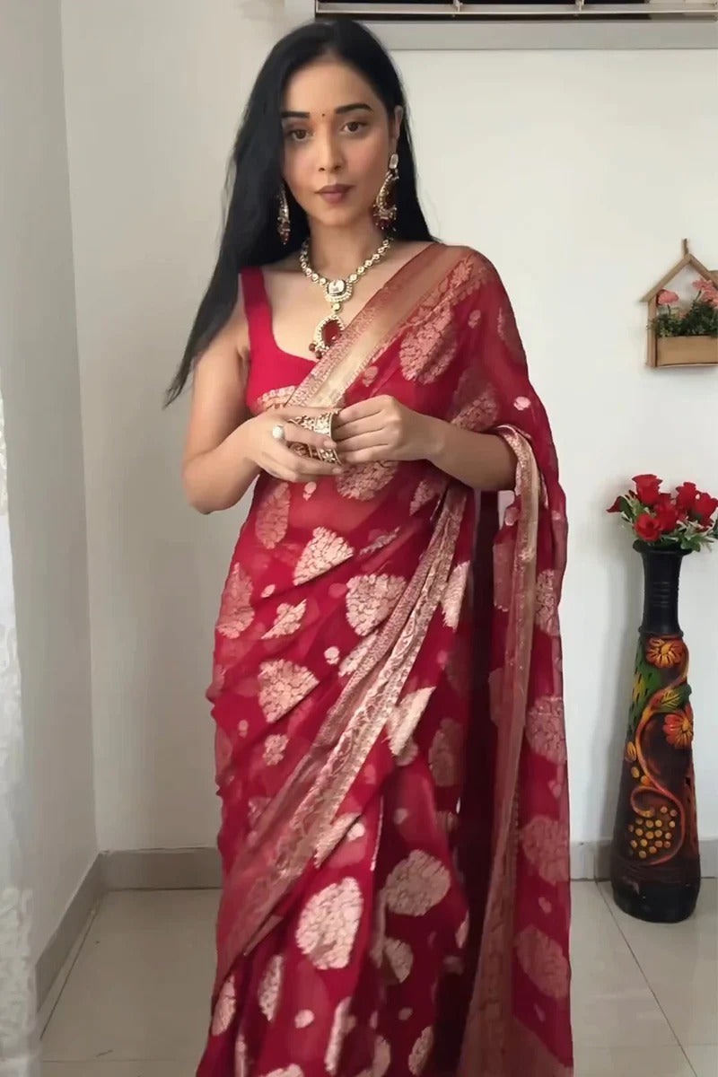 Fashionable Red Georgette Saree: Pre-Stitched and Ready for Instant Glam