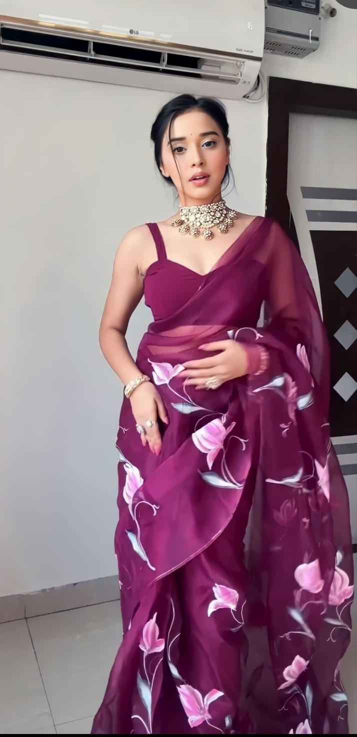 Dazzling Wine Color Organza Saree – Instant Elegance in Ready-to-Wear Design