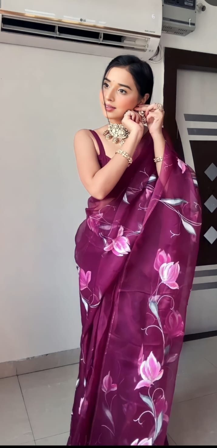 Dazzling Wine Color Organza Saree – Instant Elegance in Ready-to-Wear Design