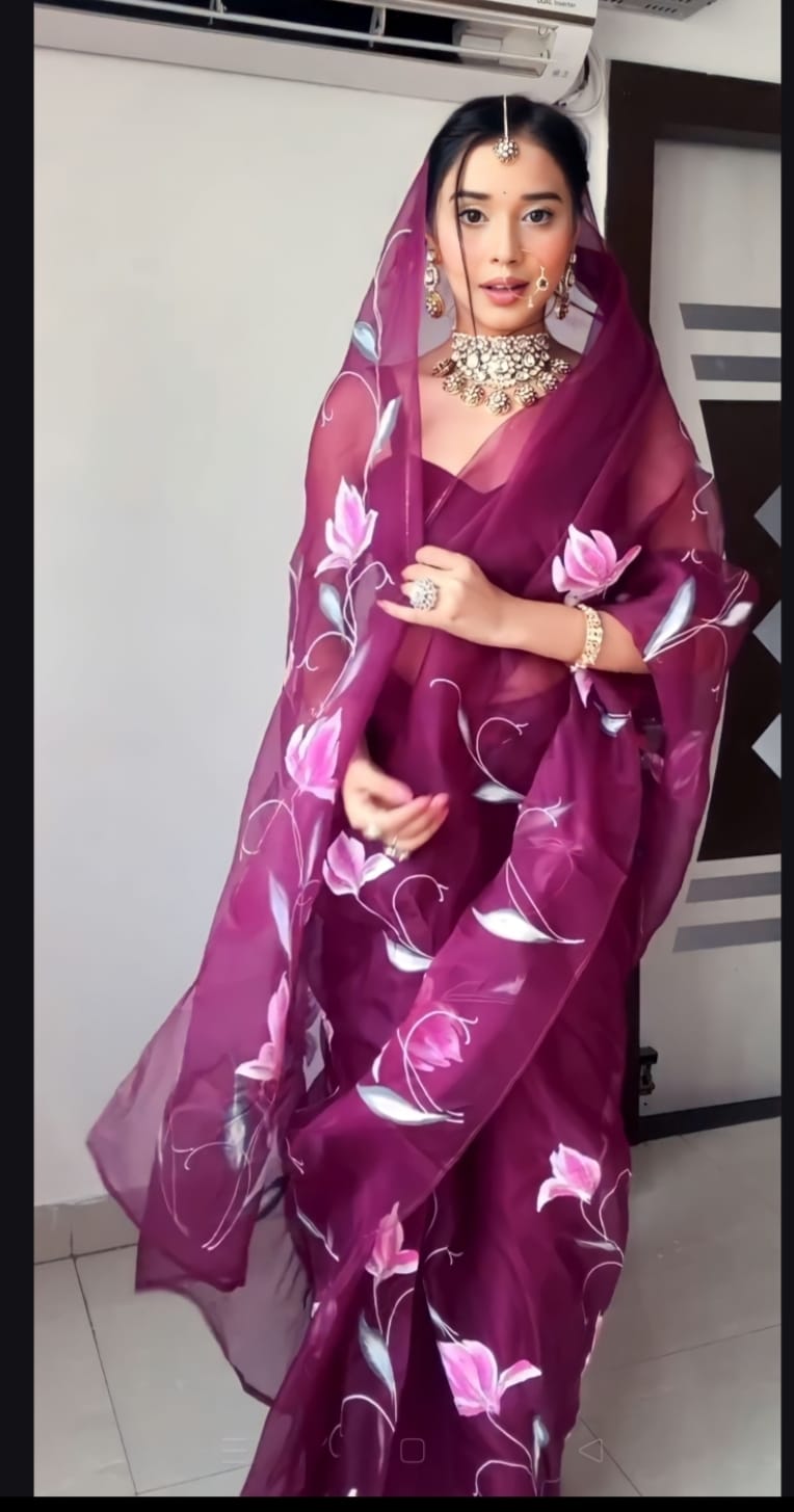 Dazzling Wine Color Organza Saree – Instant Elegance in Ready-to-Wear Design