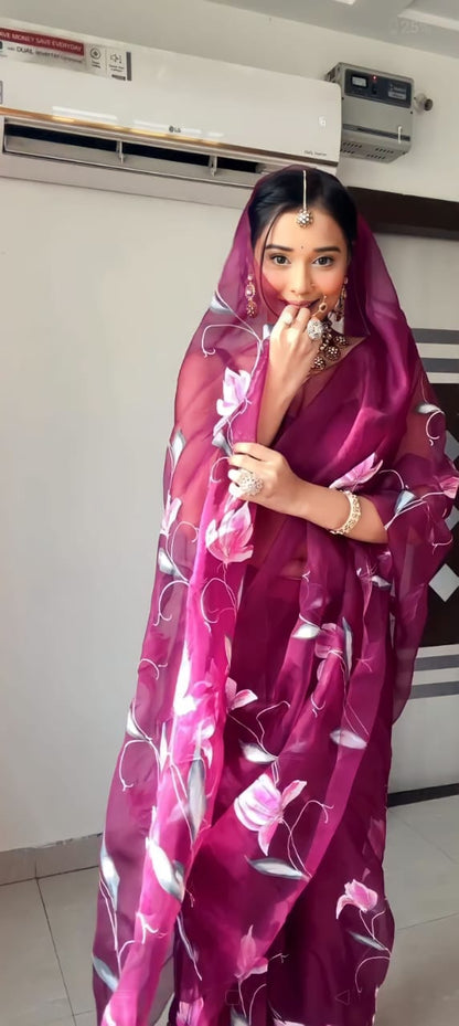 Dazzling Wine Color Organza Saree – Instant Elegance in Ready-to-Wear Design