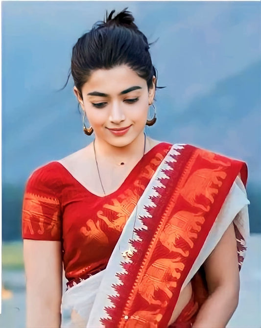 Stunning White Soft Silk Kanjivaram Saree with Gorgeous Matching Red Border Design