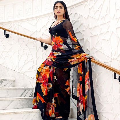 Black Georgette Printed Saree – Perfect Blend of Elegance and Comfort for Women