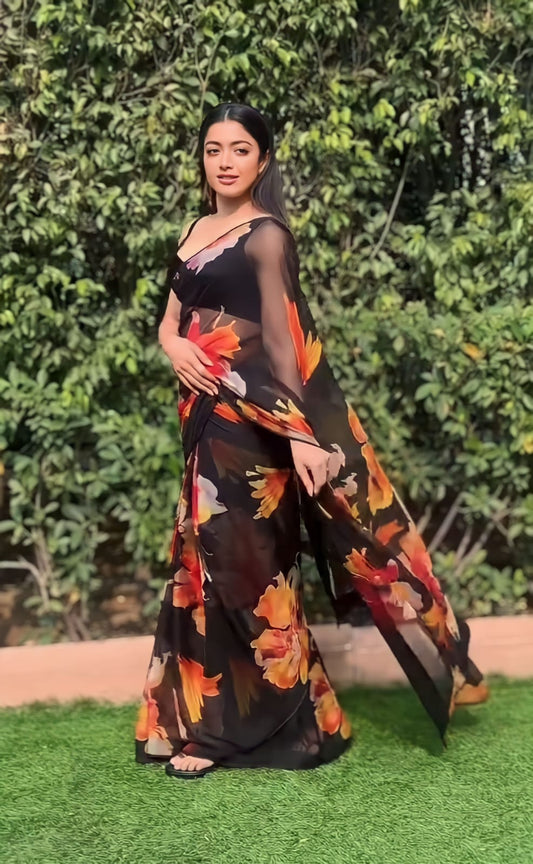 Black Georgette Printed Saree – Perfect Blend of Elegance and Comfort for Women