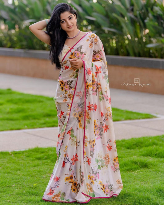 White Georgette Printed Saree – Perfect Blend of Elegance and Comfort for Women