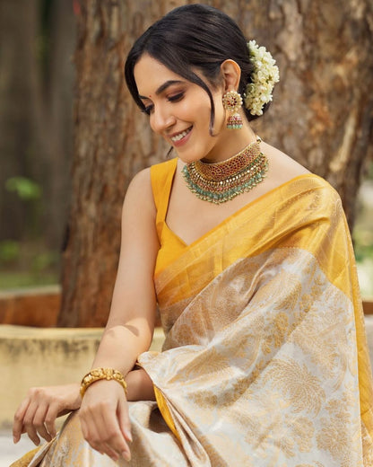 Classic White Kanjivaram Silk Saree Highlighted with Yellow Border