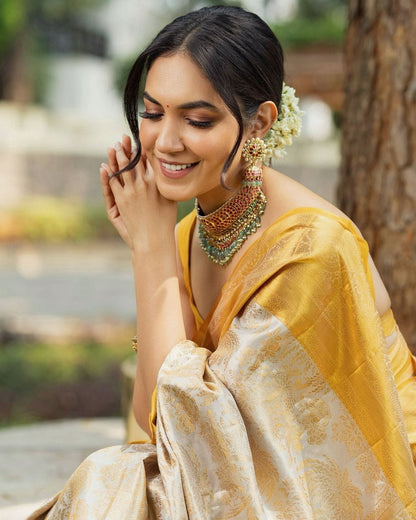 Classic White Kanjivaram Silk Saree Highlighted with Yellow Border