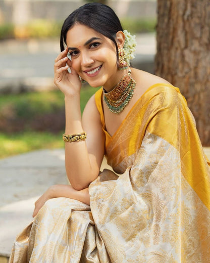 Classic White Kanjivaram Silk Saree Highlighted with Yellow Border