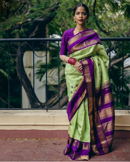 Graceful Pista Green Soft Silk Kanjivaram Saree with Complementary Matching Border Design