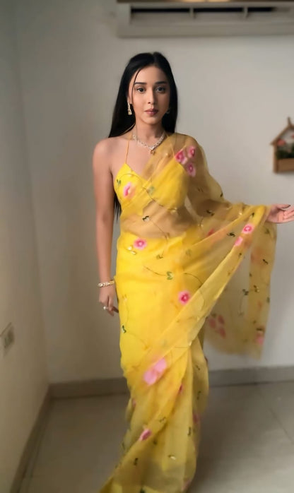 Yellow Organza Saree for Instant Elegance: One-Minute Wear for Quick Style and Comfort