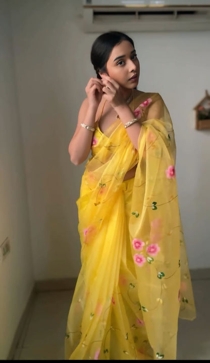 Yellow Organza Saree for Instant Elegance: One-Minute Wear for Quick Style and Comfort